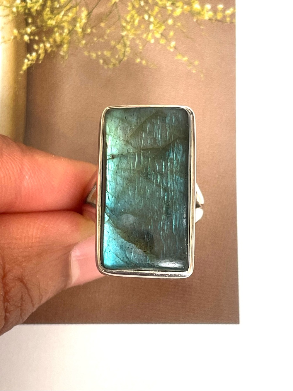“BOHO” 925 Sterling Silver Natural Labradorite Statement Ring US: 8